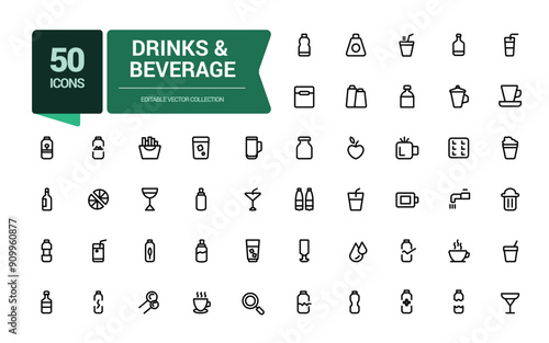 Drinks and beverage service industry mimimal icons set. Related to Beverage, Cuisine, Catering, Snacks, Bars, Restaurants, Hospitality. Simple editable stroke vector illustration.