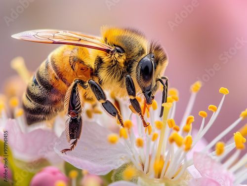 A Close-Up View of a Honey Bee Pollinating a Flower During Springtime in a Garden