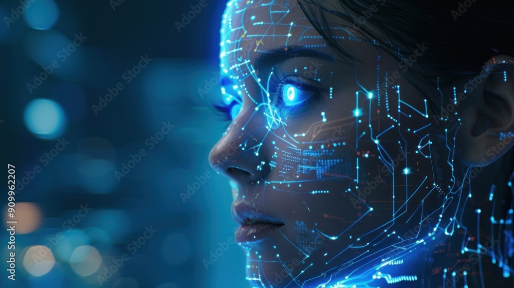 Fototapeta premium Female face with glowing blue lines, Artificial intelligence concept. AI generated