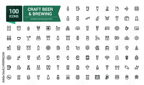 Craft Beer and Brewing Line Icons Set. Related to Beer Bottle, Glass, Barrel, Six-pack, Keg, Mug. Minimalist thin linear web ui icon set. Simple editable vector stroke illustration.