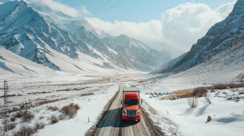 Trucker skillfully maneuvering through snowy mountain pass during winter daylight hours