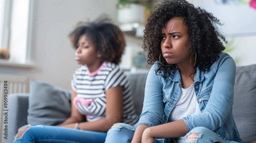 Woman crying on couch while supportive friend comforts her in cozy living room setting Woman crying on couch while supportive friend comforts her in cozy living room setting