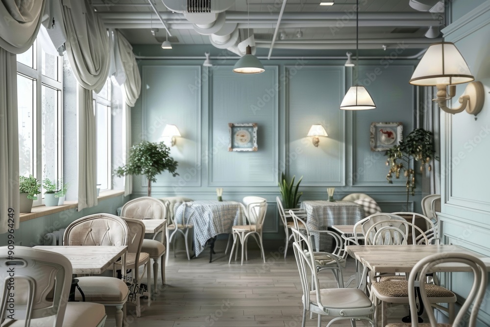 A trendy cafe with light blue walls and white tables and chairs A trendy cafe with light blue walls and white tables and chairs