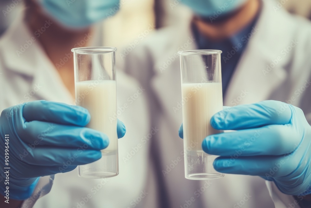 Researchers are working on a sample of milk in biotechnology laboratories, conducting research into genetics and bacteria, testing dairy products for protein, glucose, and lactose content. Researchers are working on a sample of milk in biotechnology laboratories, conducting research into genetics and bacteria, testing dairy products for protein, glucose, and lactose content.