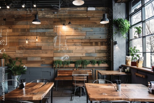 A trendy cafeteria with wooden walls, rustic furniture, and natural light
