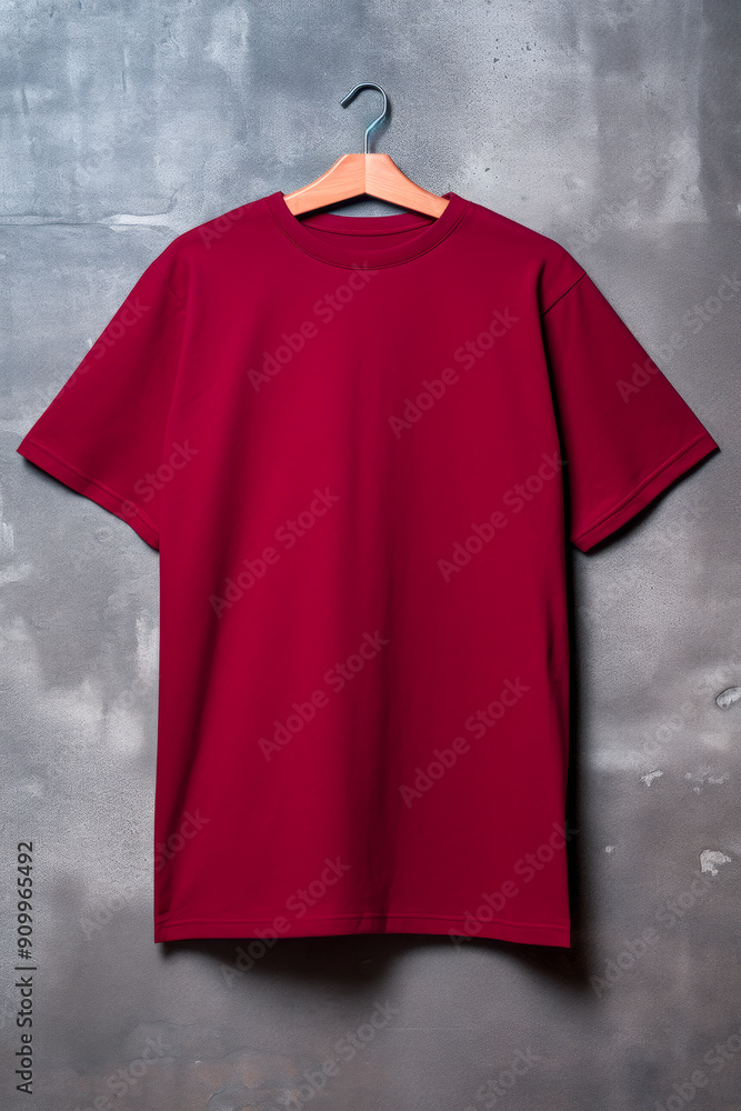 Red Shirt Mockup on Concrete Wall Background: Blank Wine Red T-Shirt Mockup Unisex on Hanger for Branding, Fashion Design, and Product Display - Minimalistic Burgundy Shirt Mockup Red Shirt Mockup on Concrete Wall Background: Blank Wine Red T-Shirt Mockup Unisex on Hanger for Branding, Fashion Design, and Product Display - Minimalistic Burgundy Shirt Mockup