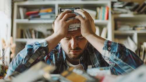 Stressed Businessman Overwhelmed by Mountain of Credit Card Debt and Financial Anxiety photo