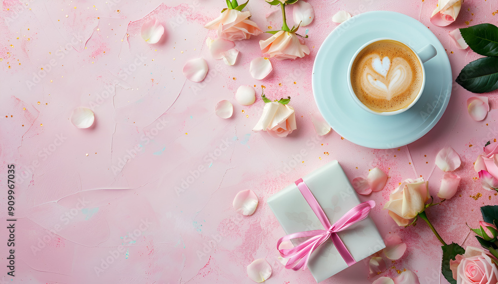 Mothers day concept - coffee present and roses copy space Mothers day concept - coffee present and roses copy space