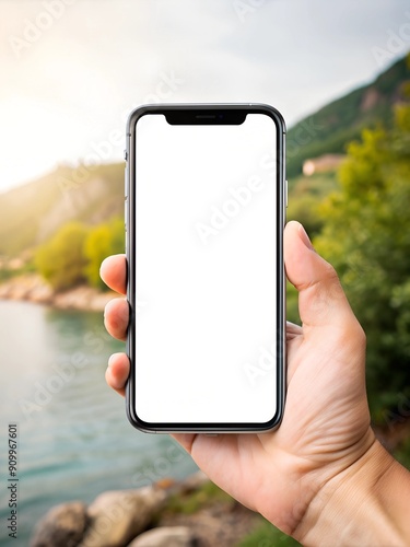 person holding smartphone with blank white screen against the background of nature