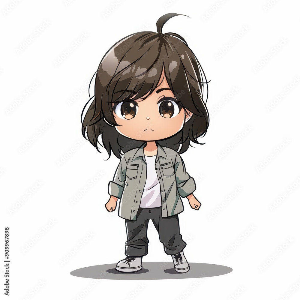 A chibi girl with work clothes walks confidently, hands in front, set against a clean white background. A chibi girl with work clothes walks confidently, hands in front, set against a clean white background.