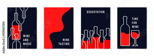 Wine tasting flyer design. Set of minimalist posters in red, white and blue colors. Vector illustration of a wine bottle and glass.