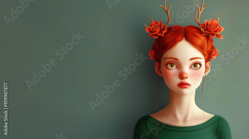 A vibrant 3D illustration of a gingerhaired druid girl in a green dress, adorned with floral antlers amidst a dark backdrop. photo