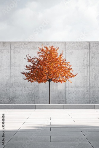 A sleek grey public garden with minimalist design and smooth concrete paths features a single, vividly colored orange tree, creating a striking focal point against the monochrome backdrop.  photo