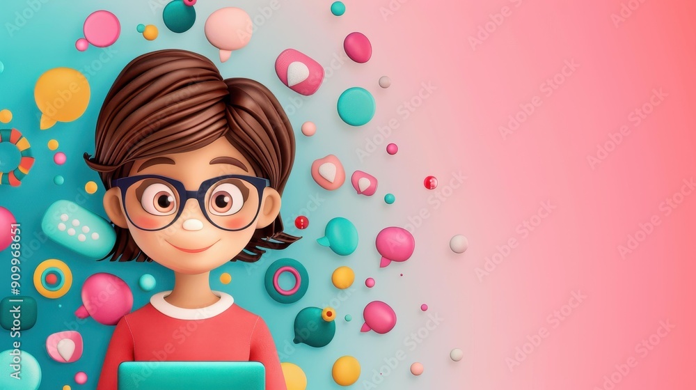 A vibrant 3D cartoon girl character engaged with her laptop, illustrating the fun side of social media in a playful style. A vibrant 3D cartoon girl character engaged with her laptop, illustrating the fun side of social media in a playful style.