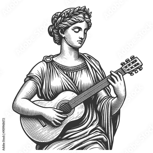 classical woman statue playing a guitar, seated on a decorative pedestal sketch engraving generative ai fictional character vector illustration. Scratch board imitation. Black and white image.