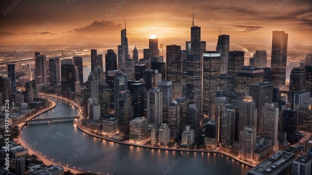 Obraz premium Aerial view of the modern city at night, panoramic view of a bustling cityscape