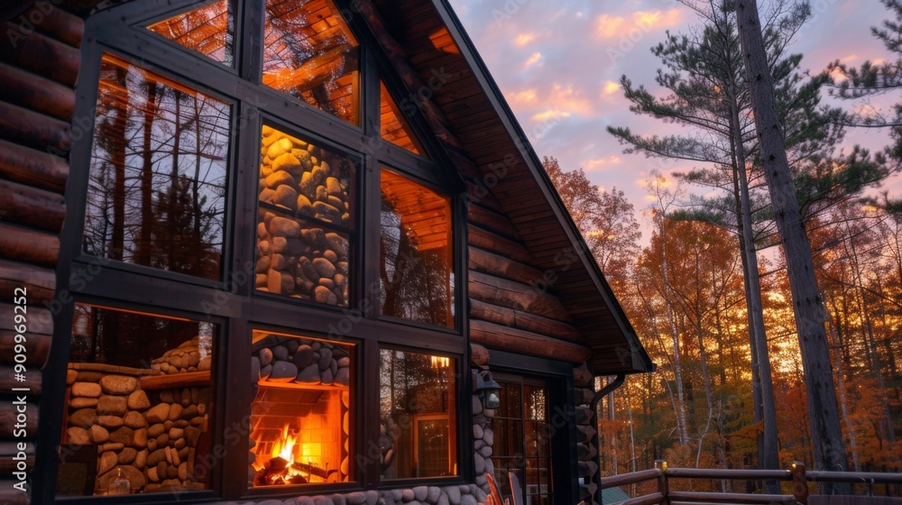 Fototapeta premium Charming log cabin with stone fireplace and large windows for cozy autumn retreats 