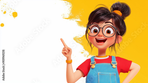 A cheerful girl in glasses and blue overalls points the way forward, showcasing a fun and casual vibe in a bright illustration.