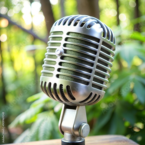 vintage or retro microphone against the background of nature