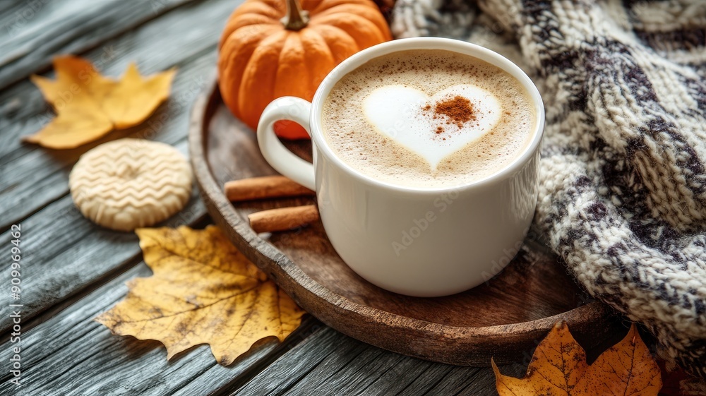 Warm autumn coffee with heart shape on foam, surrounded by fall items Warm autumn coffee with heart shape on foam, surrounded by fall items