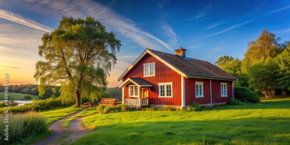 Red house in the soft morning light of a beautiful summer day, red, house, summer, morning, beautiful, cozy Red house in the soft morning light of a beautiful summer day, red, house, summer, morning, beautiful, cozy