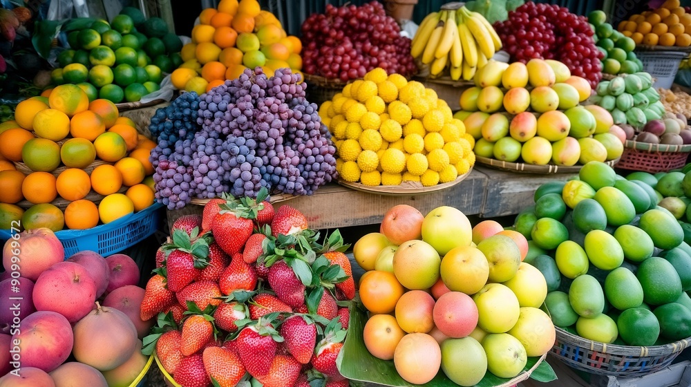 Fresh fruits in a variety of colors and sizes are neatly displayed at a local market stall for customers to buy Fresh fruits in a variety of colors and sizes are neatly displayed at a local market stall for customers to buy