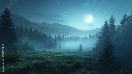 Moonlit forest with misty atmosphere, coniferous trees, and rolling hills