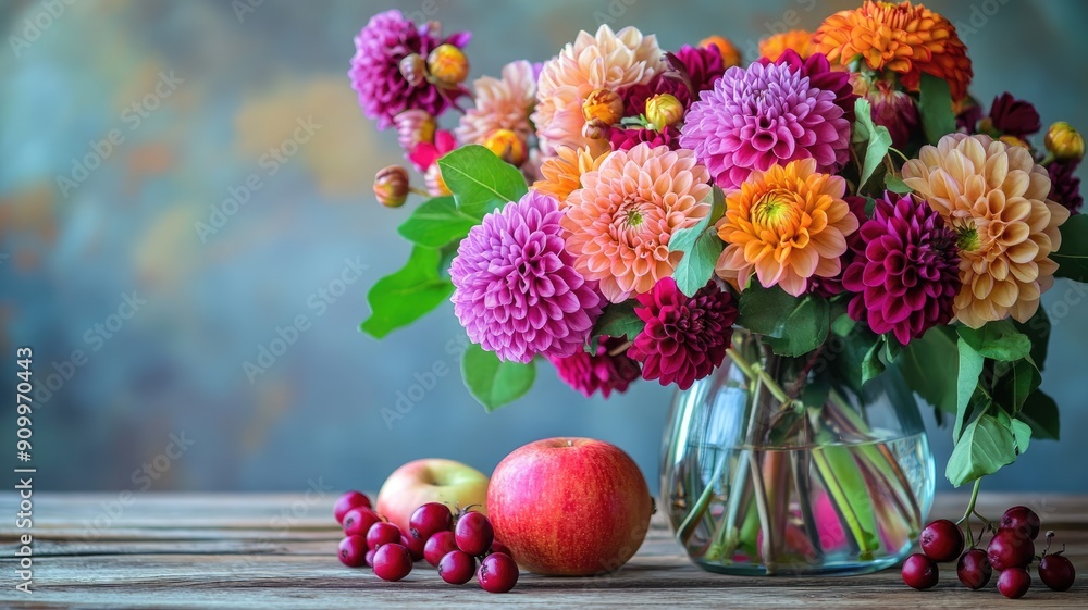 Colorful flowers in glass vase with fruits on wooden table Colorful flowers in glass vase with fruits on wooden table