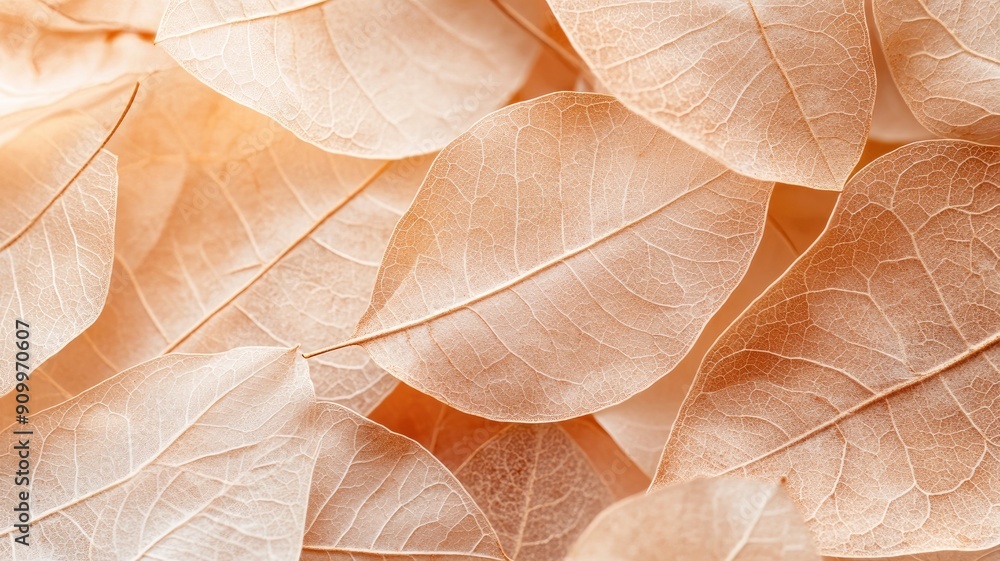 Obraz premium Close-up of delicate translucent leaves with intricate veins in sepia tone