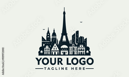 Eiffel tower vector logo silhouette of Paris skyline silhouette with Eiffel Tower. Suitable for travel posters, city guides, tourism websites, and French culture designs