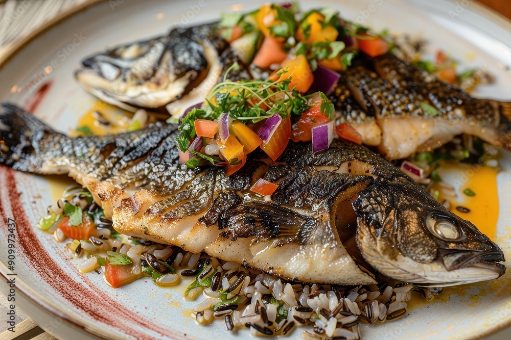 A plate of grilled sea bass, served with a citrus salsa and a side of wild rice. A plate of grilled sea bass, served with a citrus salsa and a side of wild rice.
