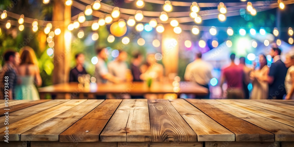 Empty wooden table with blurred party in garden background, outdoor, celebration, event, festive Empty wooden table with blurred party in garden background, outdoor, celebration, event, festive