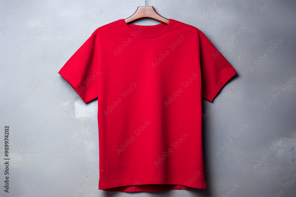 Red Shirt Mockup on Concrete Wall Background: Blank Vibrant Red T-Shirt Mockup Unisex on Hanger for Branding, Fashion Design, and Product Display Red Shirt Mockup on Concrete Wall Background: Blank Vibrant Red T-Shirt Mockup Unisex on Hanger for Branding, Fashion Design, and Product Display
