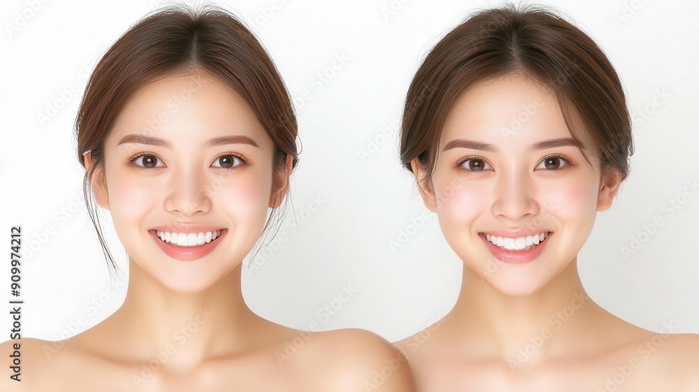 Two smiling women with flawless skin display beauty and confidence in a bright, clean environment. Two smiling women with flawless skin display beauty and confidence in a bright, clean environment.