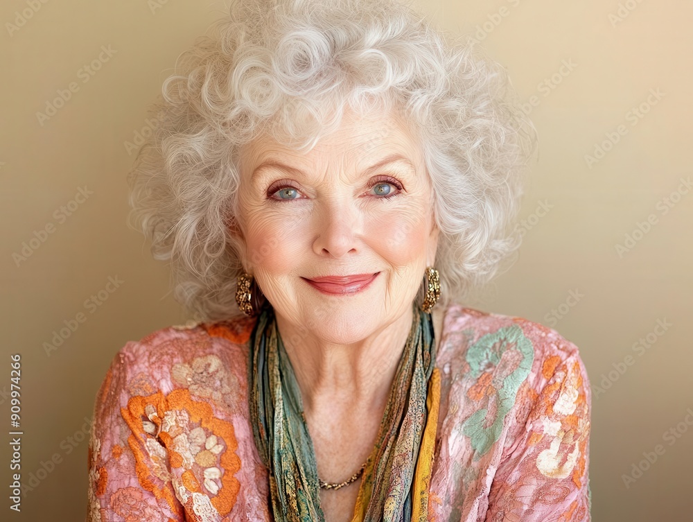 A cheerful older woman with curly gray hair, wearing colorful clothing, radiating warmth and confidence in a soft-toned background. A cheerful older woman with curly gray hair, wearing colorful clothing, radiating warmth and confidence in a soft-toned background.