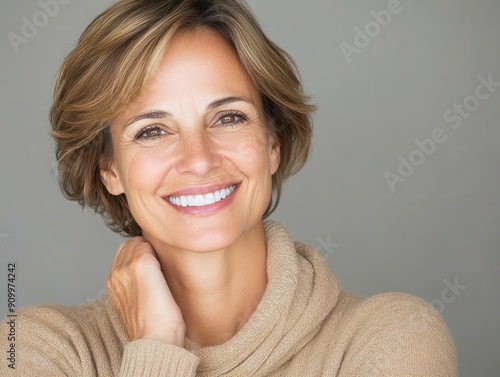 A cheerful woman with a friendly smile, showcasing her natural beauty and confident personality in a warm sweater.