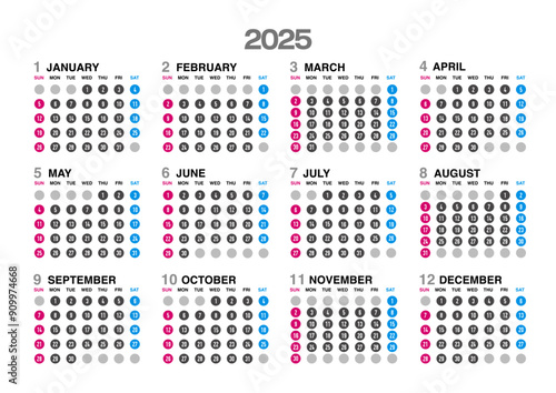 2025年の年間カレンダー日曜始まり日本の祝日表記無し