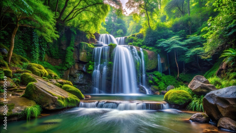 Serene waterfall flowing in lush forest setting with rocks and greenery, waterfall, forest, nature, scenic, landscape Serene waterfall flowing in lush forest setting with rocks and greenery, waterfall, forest, nature, scenic, landscape