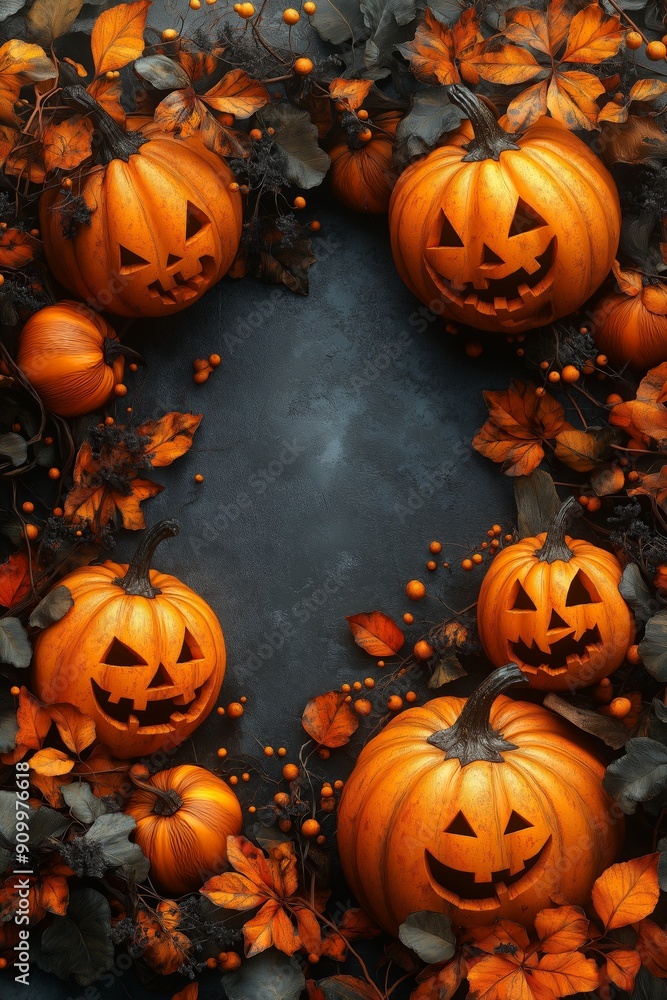 Halloween Jack-o'-Lanterns Surrounded by Autumn Leaves on Dark Background Halloween Jack-o'-Lanterns Surrounded by Autumn Leaves on Dark Background