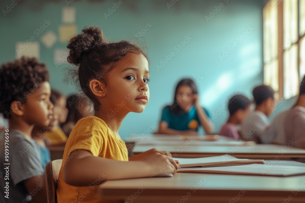 Children attentively learning in classroom, focused young girl, diverse students, education concept Children attentively learning in classroom, focused young girl, diverse students, education concept
