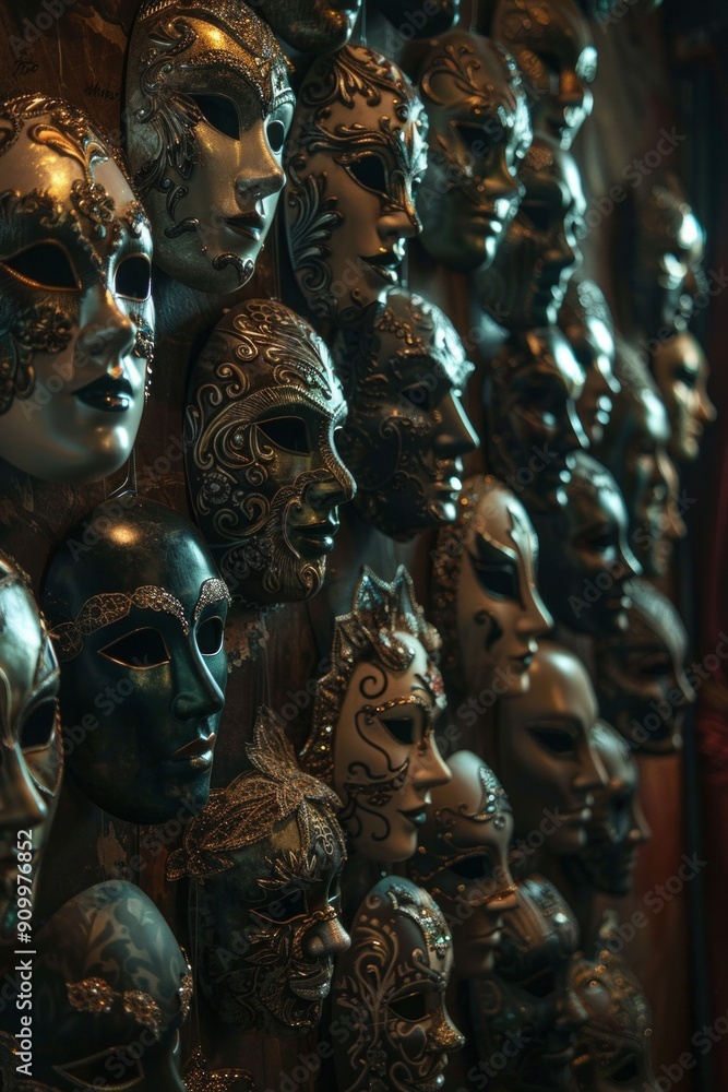 Creepy Mask Collection. A dimly lit room filled with old, ornate masks hanging on the walls, their empty eye sockets creating an unsettling atmosphere. Creepy Mask Collection. A dimly lit room filled with old, ornate masks hanging on the walls, their empty eye sockets creating an unsettling atmosphere.