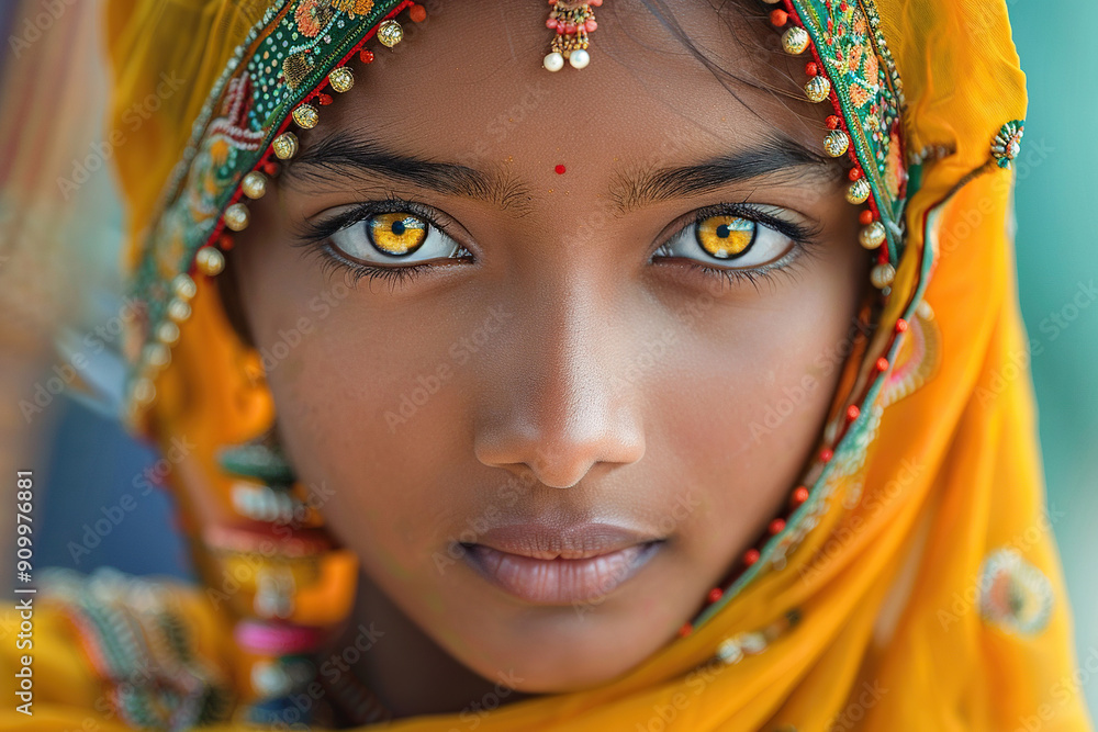 Obraz premium A young woman in traditional Indian dress looks at the camera. Indian culture