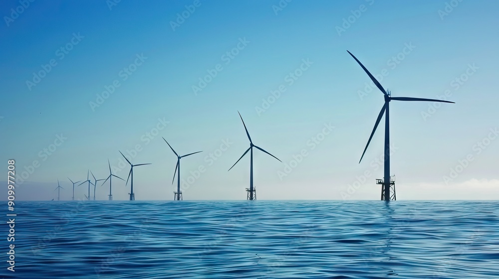 wind turbines in the sea with moon in the background. AI generated illustration wind turbines in the sea with moon in the background. AI generated illustration