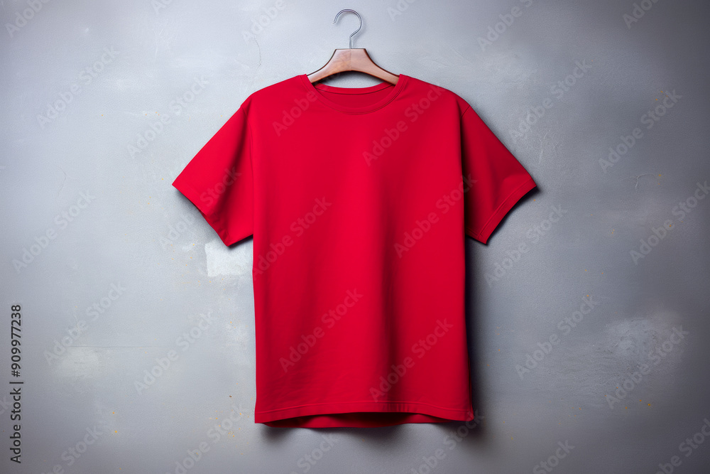 Red Shirt Mockup on Concrete Wall Background: Blank Vibrant Red T-Shirt Mockup Unisex on Hanger for Branding, Fashion Design, and Product Display Red Shirt Mockup on Concrete Wall Background: Blank Vibrant Red T-Shirt Mockup Unisex on Hanger for Branding, Fashion Design, and Product Display