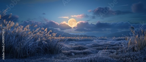 A serene winter landscape under a full moon, showing snow-covered fields and frost-touched grasses beneath a cloudy night sky.