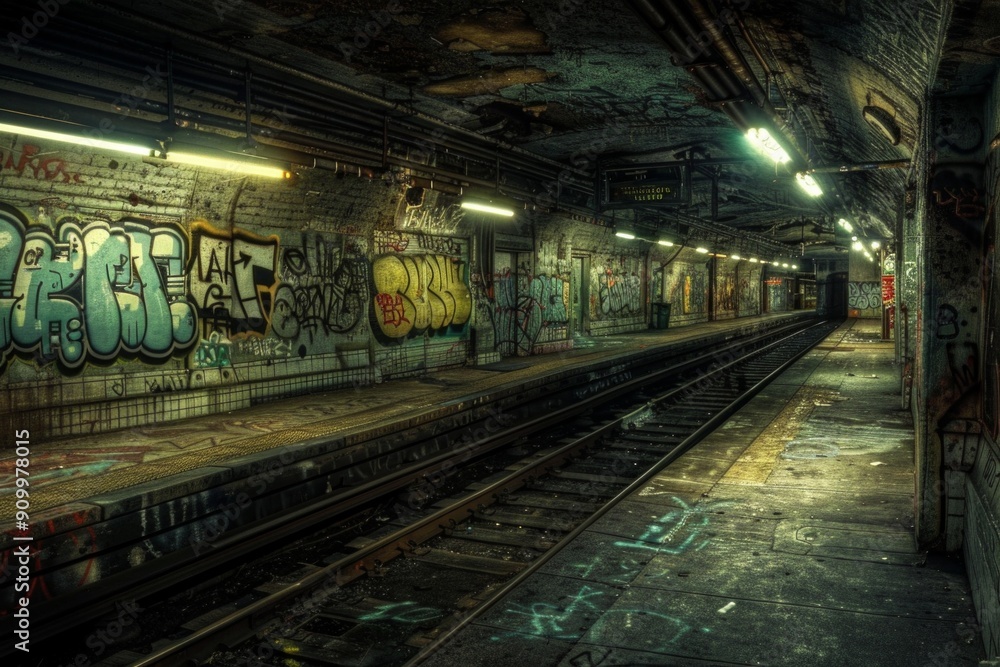 Creepy Subway Station. An old, unused subway station with flickering lights, graffiti-covered walls, and a sense of foreboding. Creepy Subway Station. An old, unused subway station with flickering lights, graffiti-covered walls, and a sense of foreboding.