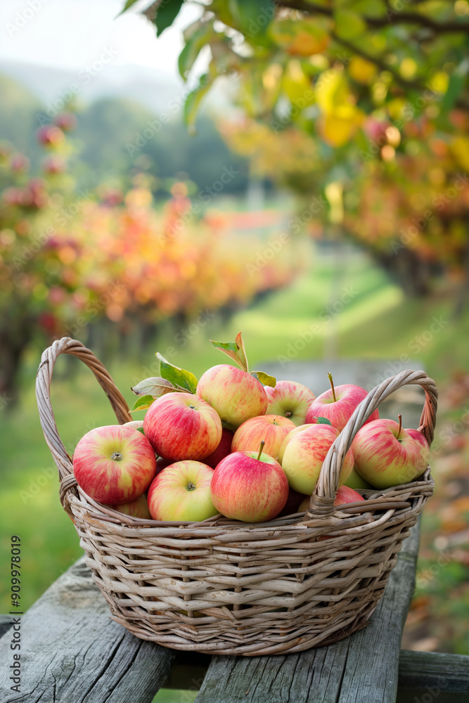 Wicker basket with apples in orchard. Autumn harvest and organic fruit concept. Design for food magazine, agricultural business brochure, and fall season promotion. Wicker basket with apples in orchard. Autumn harvest and organic fruit concept. Design for food magazine, agricultural business brochure, and fall season promotion.