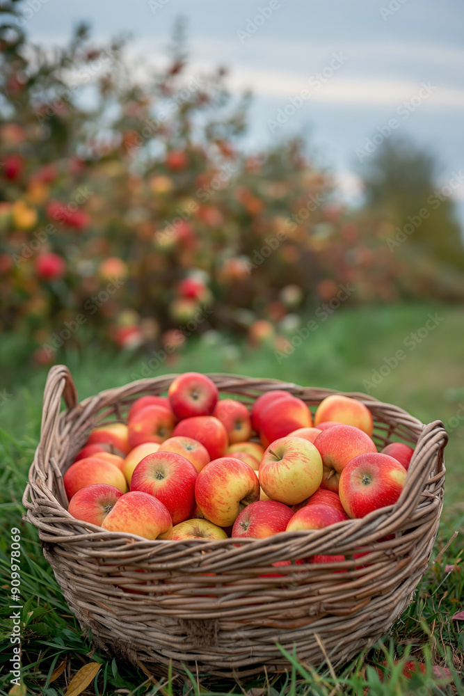 Wicker basket with apples in orchard. Autumn harvest and organic fruit concept. Design for food magazine, agricultural business brochure, and fall season promotion. Wicker basket with apples in orchard. Autumn harvest and organic fruit concept. Design for food magazine, agricultural business brochure, and fall season promotion.