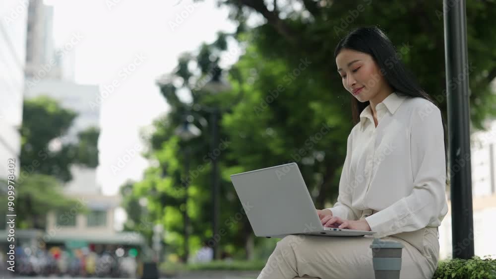 Beautiful Asian Woman Sitting Outside Browsing in Laptop, Asking on the Work Questions in Group Chats. Beautiful Asian Woman Sitting Outside Browsing in Laptop, Asking on the Work Questions in Group Chats.