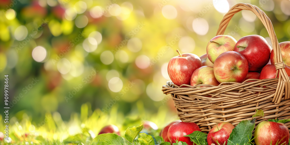 Wicker basket with apples in orchard. Autumn harvest and organic fruit concept. Design for food magazine, agricultural business brochure, and fall season promotion. Wicker basket with apples in orchard. Autumn harvest and organic fruit concept. Design for food magazine, agricultural business brochure, and fall season promotion.
